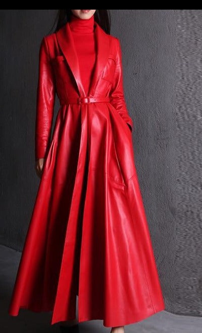 Women's Maxi Leather Trench Fashion Designer Jackets (Plus Size)-Women's Tops Fashion Designer Plus Size Jerseys-Women's fashion designer clothes-Positive red-XL-International Women&#39;s Clothing - Women&#39;s Fashion Designer Plus Size Clothes