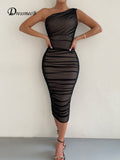 Women's One Shoulder Mesh Layered Fashion Designer Ruched Dresses (Long)