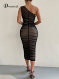 Women's One Shoulder Mesh Layered Fashion Designer Ruched Dresses (Long)