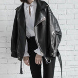 Women's PU Leather Tops Fashion Designer Turn-down Collar Zipper Jackets