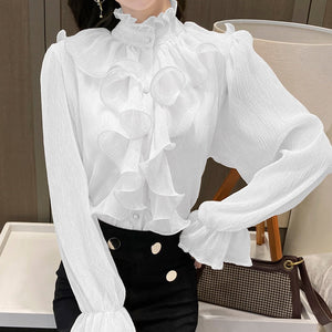 Women's Ruffles Chiffon Blouse Fashion Designer Flare Long-Sleeve Tops