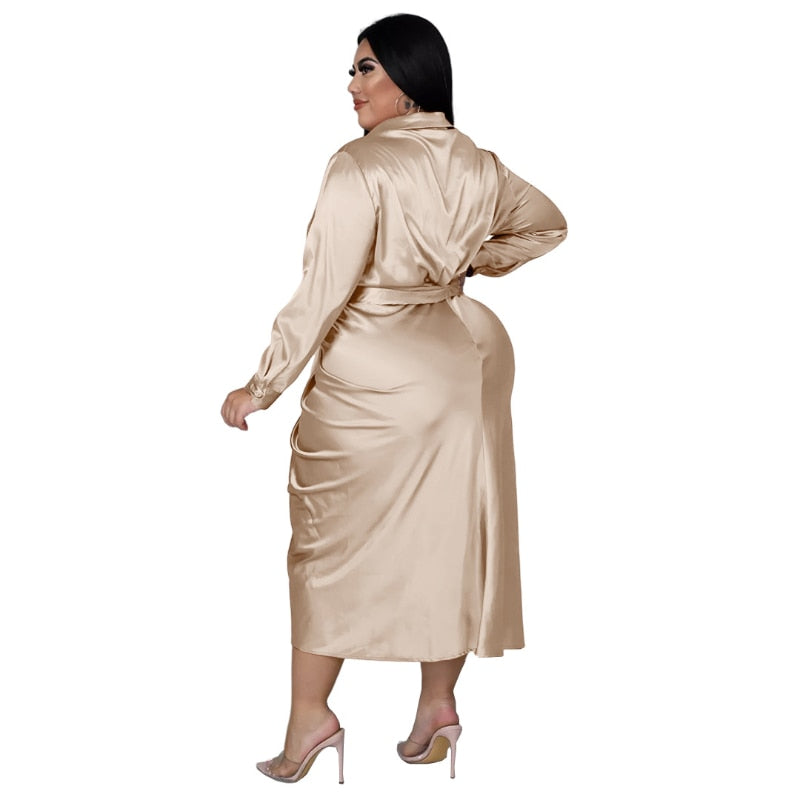 Women's Satin  Shirt Fashion Designer Midi Dresses (Plus Size)