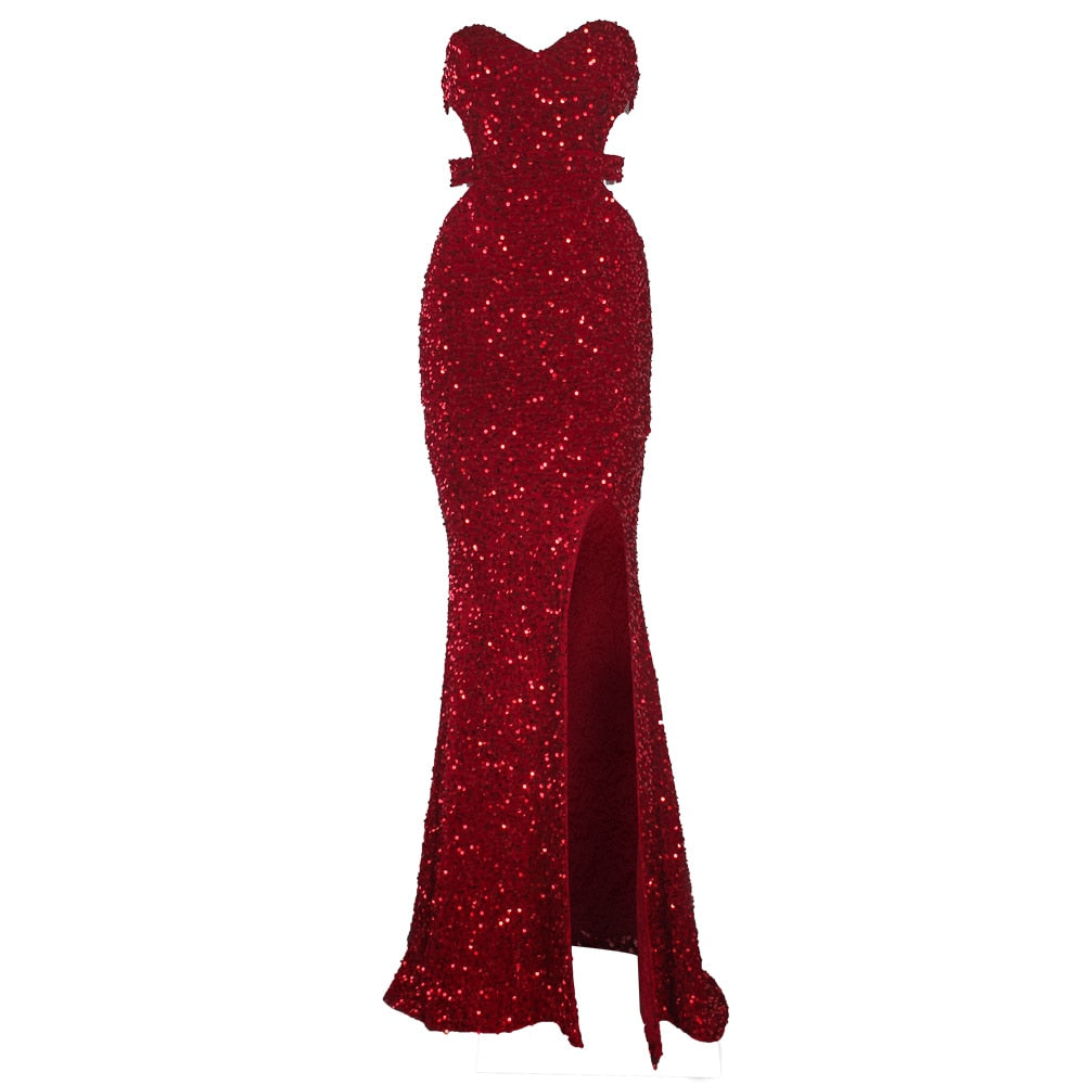 Women's Strapless Fashion Designer Velvet Sequin Dresses (Long)
