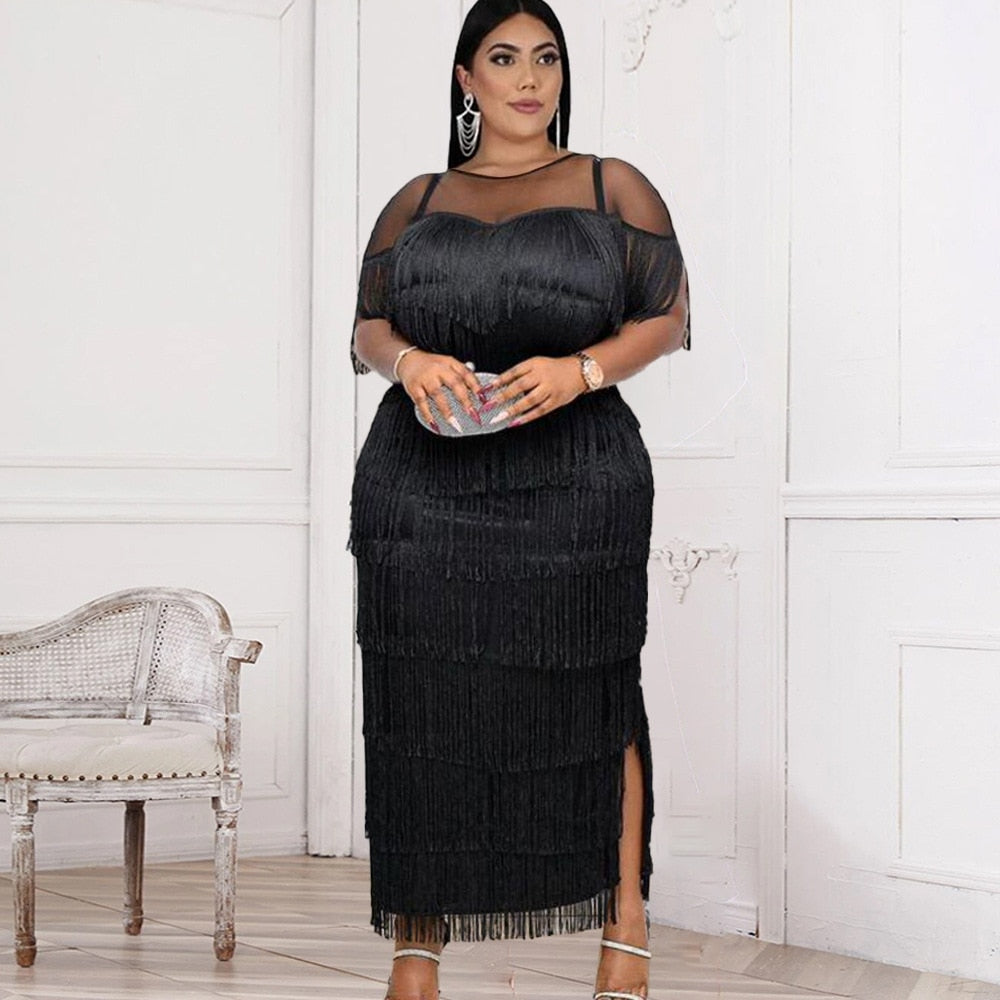 Women's Tassel Fashion Designer Mesh Shoulder Long Dresses (Plus Size)