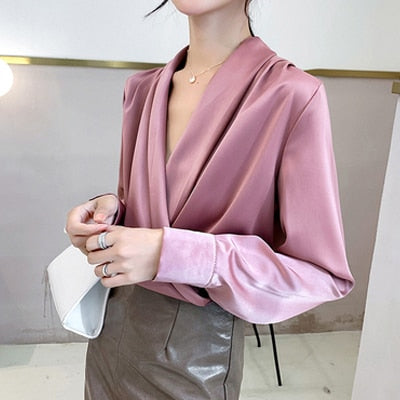 Women's V Neck Faux Satin Fashion Designer Button Up Long-Sleeve Tops