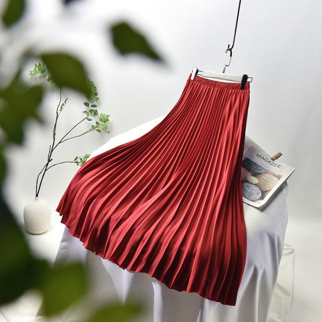 Women's Vintage Fashion Designer High Waist Pleated Skirts (Midi) - Red / L
