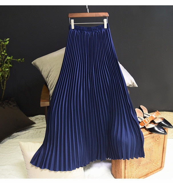 Women's Vintage L-M Fashion Designer High Waist Pleated Skirts (Midi)-Women's Fashion Designer Skirts-navy-Women&#x27;s fashion designer plus size clothes