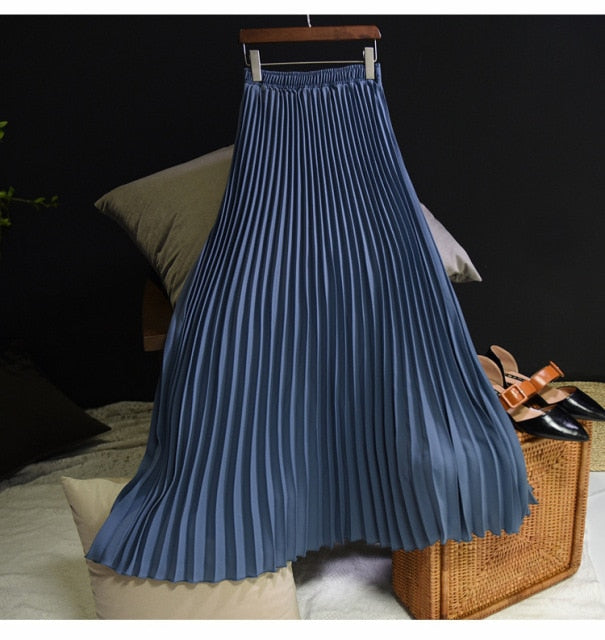 Women's Vintage L-M Fashion Designer High Waist Pleated Skirts (Midi)-Women's Fashion Designer Skirts-blue gray-Women&#x27;s fashion designer plus size clothes