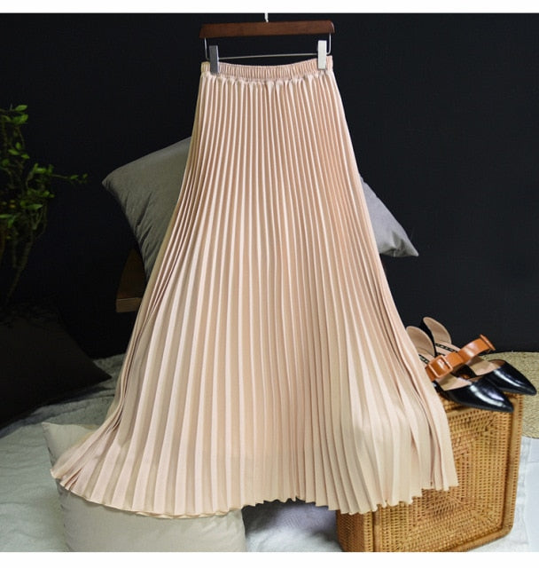Women's Vintage L-M Fashion Designer High Waist Pleated Skirts (Midi)-Women's Fashion Designer Skirts-Khaki-Women&#x27;s fashion designer plus size clothes