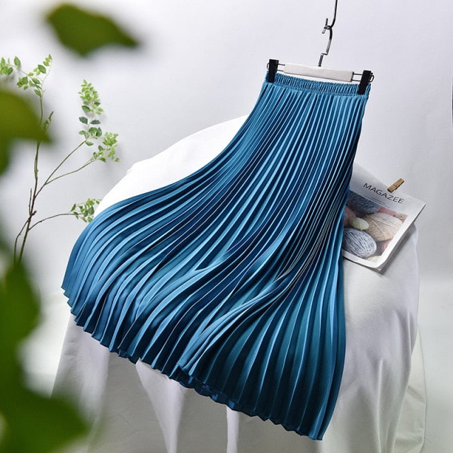 Women's Vintage L-M Fashion Designer High Waist Pleated Skirts (Midi)-Women's Fashion Designer Skirts-Peacock blue-Women&#x27;s fashion designer plus size clothes